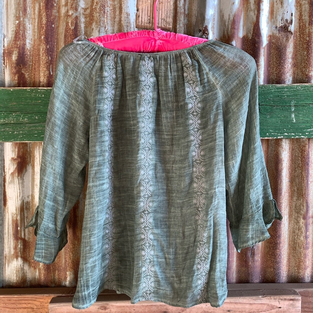 green off the shoulder shirt